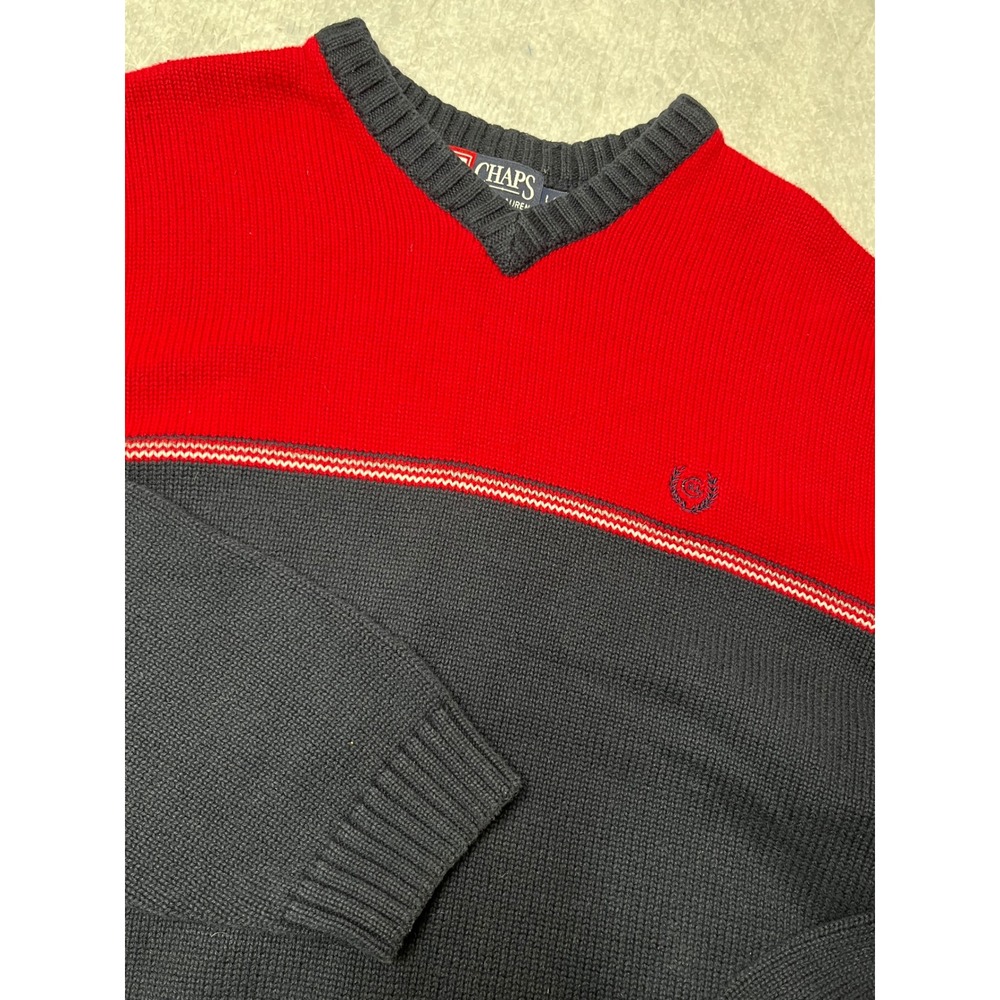Chaps Ralph Lauren Mens Large V-Neck Cotton knit Sweater Colorblock 90s red blue